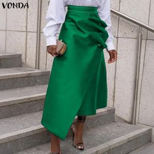 VONDA 플러스 사이즈 5XL 우아한 여성용 새틴 스커트 하이 웨이스트 버튼 플리츠 비대칭 맥시 스커트 패션 솔리드 롱 스커트