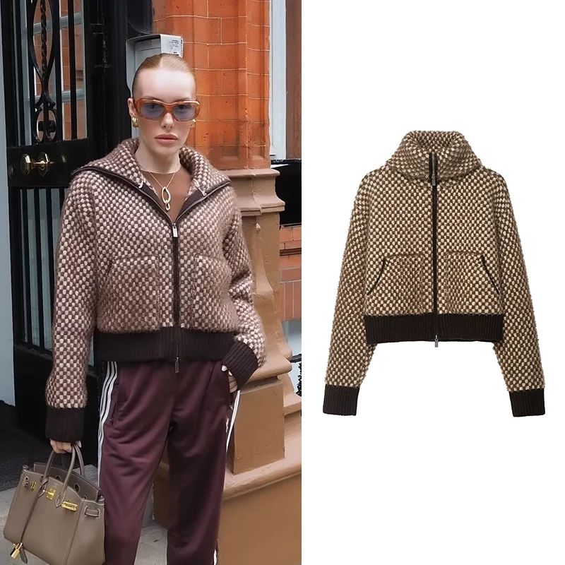 여성용 스플라이스 니트 숏 재킷 가을 겨울 스탠드 칼라 긴팔 재킷 코트 스트리트웨어 여성 아우터웨어 시크 탑스