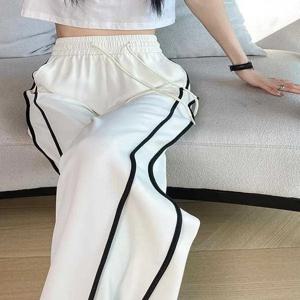 퀵 드라이 아이스 실크 와이드 레그 팬츠 여성 여름 얇은 신상 스트라이프 스트레이트 캐주얼 러닝 스포츠 롱 트라우저