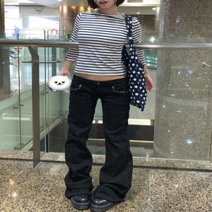 로우 웨이스트 벨보텀 청바지 여성용 봄 가을 블랙 데님 디스트레스드 패치워크 슬리밍 롱 팬츠 코튼 스트레치 데님