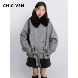 CHIC VEN 여성용 한국 코트 루즈 캐주얼 울 싱글사이드 탈부착 칼라 여성 오버코트 여성 재킷 가을 겨울 2025