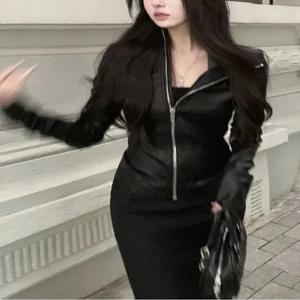 블랙 슬림 긴 소매 가죽 재킷 여성 다크 고딕 지퍼 얇은 스키니 코트 여성 헤프번 Y2K 빈티지 의류 핫 걸