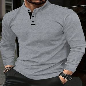 여름, 가을, 겨울에 모두 어울리며, 집에서 편하게 입을 수 있는 세련된 남성용 라운드넥 기본 디자인의 폴로 셔츠입니다.
