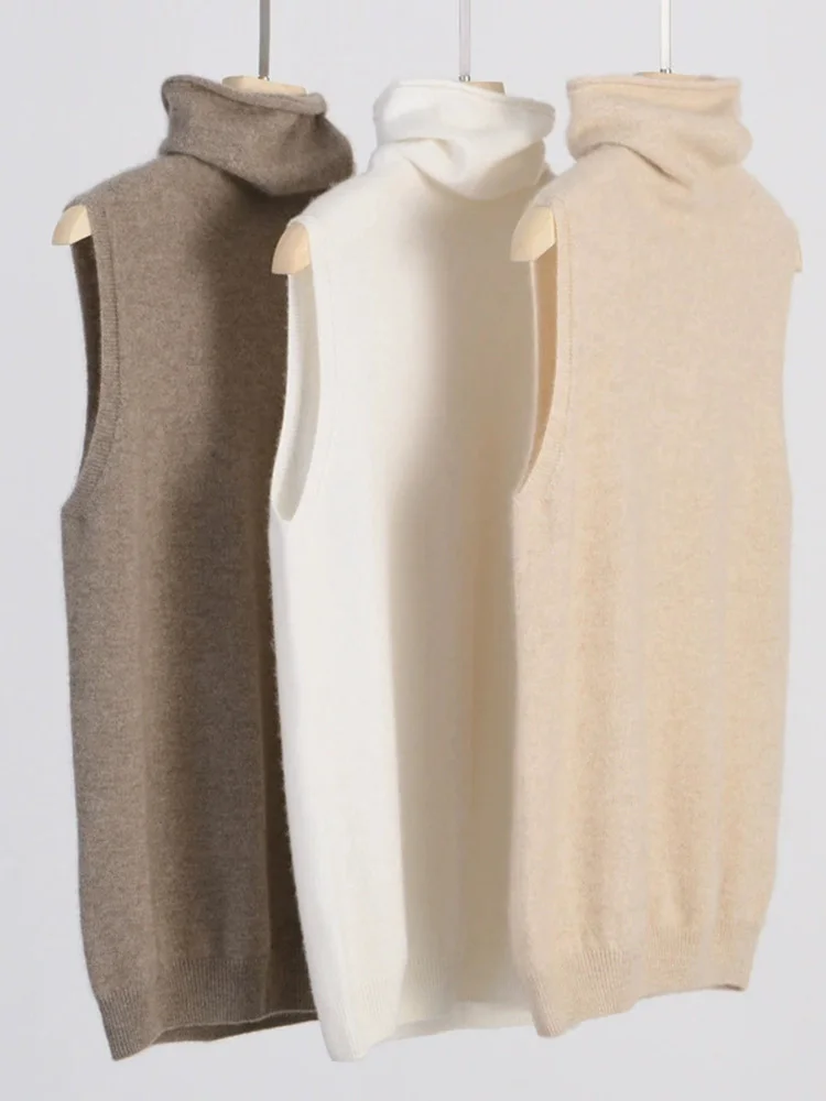 여성 메리노 울 민소매 풀오버 터틀넥 스웨터 조끼 울 니트웨어 봄 가을 겨울 패션 베스트 탑스