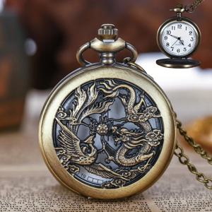 빈티지 중국 스타일 청동 속이 빈 용과 봉황 회중시계 커플 플립탑 회중시계 보석 목걸이 회중시계 휴일 선물 사랑과 우정 보석