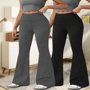 여성용 슈퍼 소프트 플레어 팬츠 하이웨이스트 뱃살 보정 운동 요가 레깅스 벨보텀 2팩