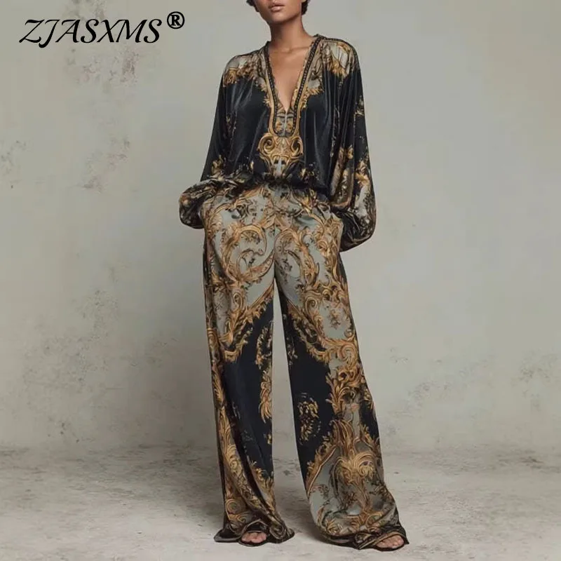 레트로 패턴 프린트 여성용 2피스 세트 섹시한 딥 V넥 탑 블라우스 우아한 의상 2026 봄 가을 와이드 레그 팬츠 슈트