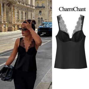 CharmChant 블랙 새틴 레이스 v 넥 캐미솔 탑 여성용 크롭 Y2k 하라주쿠 패션 우아한 민소매 셔츠 블라우스 여성