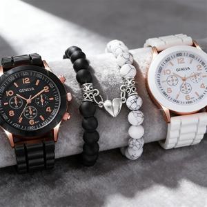 패셔너블하고 미니멀하며 다재다능한 남성 및 여성용 커플 시계 4개, 러브 비드 팔찌 세트와 짝을 이룹니다.