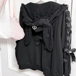 Y2K 감성 캐주얼 루즈핏 지퍼 스웨트셔츠 일본 빈티지 토끼 귀 후드티 여성 하라주쿠 그런지 레이스 패치워크 후디
