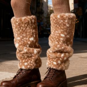 1 쌍의 부드러운 사슴 무늬 퍼지 레그 워머 따뜻한 브라운 스타킹 탄력있는 귀여운 겨울 레그 워머 여성 청소년 소녀 겨울 의상용