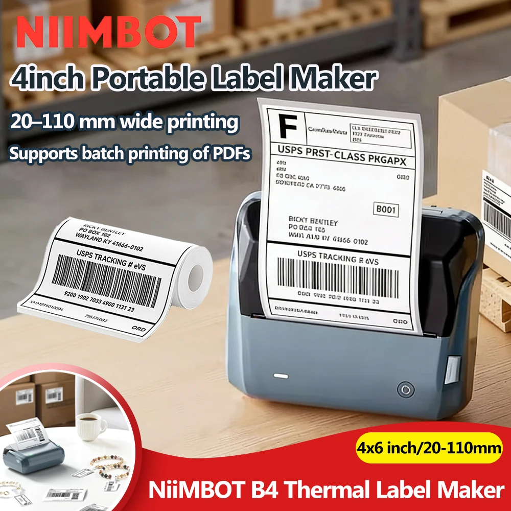 NIIMBOT B4 휴대용 4인치 라벨 프린터 20-110mm 인쇄 폭 라벨 배송 바코드 스티커 대형 다중 장치 연결