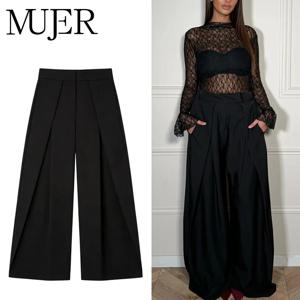 MUJER 블랙 헐렁한 바지 여성용 주름 와이드 레그 팬츠 스트라이프 캐주얼 여성 바지 봄 하이 웨이스트 바지 여성용