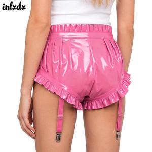 여성용 웨트룩 란제리 라텍스 반바지, 에나멜 가죽 러플 트림과 가터 클립, 주름 장식 블루머 반바지, 광택 레이브 클럽웨어