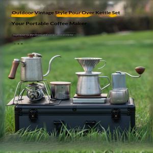 야외용 빈티지 핸드드립 커피 세트 스테인리스 그라인더, 주전자, 드리퍼, 알루미늄 케이스, 휴대용 캠핑 여행 개인 바 도구