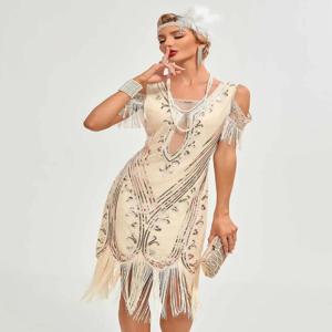 스팽글 프린지 여성용 1920년대 플래퍼 드레스 빈티지 롱 프린지 드레스 로어링 20스 시퀸 비즈 드레스