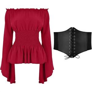 봄 여성 의류 오프숄더 긴팔 탑 플레어 슬리브 조절 가능한 셔츠 드레스 여성용 빈티지 기하학 프린트