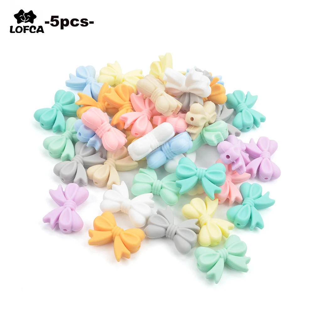 LOFCA 5pcs Bowknot 실리콘 구슬 DIY 식품 학년 실리콘 젖니가 남 젖꼭지 귀여운 모양의 실리콘 Teether 홀더 액세서리