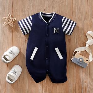 0-18 아기 Jumpsuit 편안하고 부드러운 소년과 소녀를위한 캐주얼 편지 자수 여름 반팔 신생아 옷