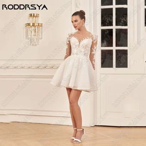 RODDRSYA 짧은 레이스 웨딩 드레스, O-넥 긴 소매, A-라인 아플리케, 시민 신부 가운, 얇RODDRSYA 짧은 레이스 웨딩드레스 O 칼라 긴 소매 A자 스티커 민용 신부 드레스 아사 끈