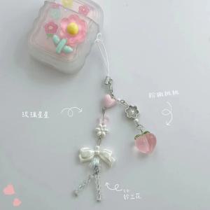 1pcs Kawaii 복숭아 전화 참 펜던트 귀여운 Bowknot XYun 수제 달콤한 소녀 키 체인 아이폰 카메라 용 새로운 체인 러브 하트