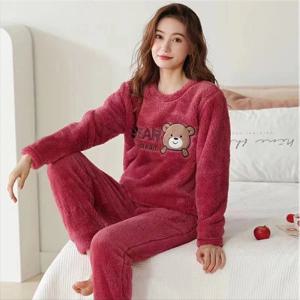 두꺼운 따뜻한 플란넬 여성 잠옷, 코랄 벨벳 잠옷, 가을 겨울 귀여운 만화 곰 패딩, 2 세트, 캐주얼 잠옷