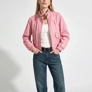 여성용 진짜 가죽 재킷, 모토 앤 바이커, 루즈 지퍼, 스탠드 칼라, 짧은 진짜 양가죽 재킷 코트, 2025 신상 패션