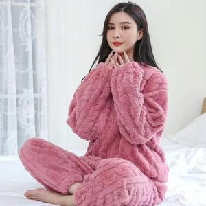 여성용 단색 따뜻한 2 피스 세트, 두꺼운 벨벳 골지 양털 세트, 풀오버 및 바지, 캐주얼 잠옷 세트, 가을