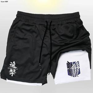 남성 체육관에 대한 애니메이션 공격 빠른 건조 조깅 반바지 피트니스 운동 2 in 1 짧은 바지 남성 스포츠 보디 빌딩 스웨트 팬츠