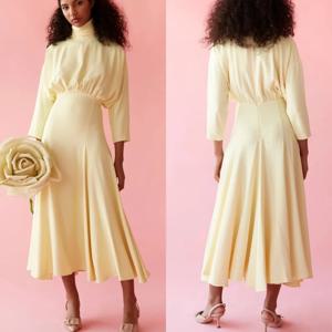 맞춤형 저지 플리츠 A라인 하이 칼라 미디 드레스 맞춤형 행사 캐주얼 단순 사이즈 이용 가능