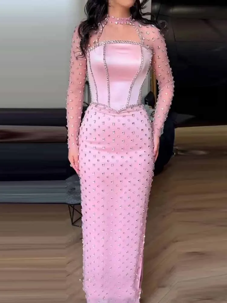 Glitz and Glam 여성용 이브닝 볼 가운 새틴 외장/기둥 댄스 파티 드레스 하이 칼라 라인스톤/크리스탈 맞춤형 행사 드레스