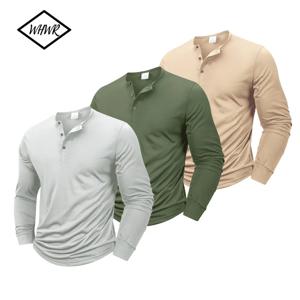 헨리넥 티셔츠 남성 기본 통기성 남성 긴팔 탑 티셔츠 봄 가을 캐주얼 단색 버튼 티셔츠