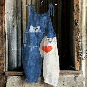 애완 동물 고양이 사랑 인쇄 여성용 홀터 점프 슈트 야외 리조트 캐주얼 여성용 홀터 바지 S-5XL 봄 여름 점프 슈트 여행복