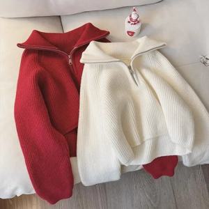 하프 지퍼 칼라 스웨터 여성 풀오버 소프트 니트 긴 소매 짧은 점퍼 가을 겨울 십대 소녀 한국 패션 의상