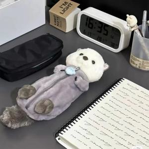 창의적인 귀여운 바다 수달 모양 봉제 필통 1개 대용량 INS 만화 필통 벨벳 필통 학생 문구