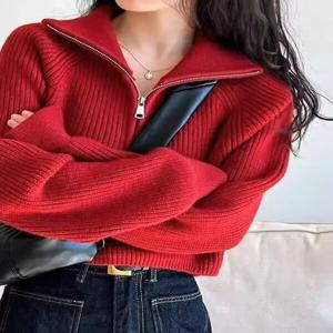 레드 니트 스웨터 여성용 짧은 두꺼운 하프 하이 칼라 지퍼 퓨어 컬러 루즈핏 가을 신상 하이웨이스트 스웨터