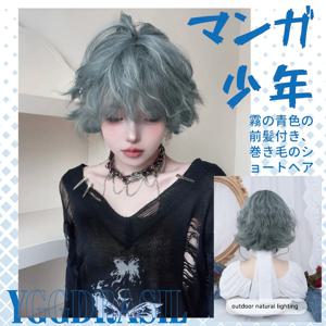 12인치 만화 소년 헤이즈 블루 합성 가발 앞머리 포함 짧은 곱슬머리 남녀 공용 일상용 코스프레 열 저항성 LGBTQ