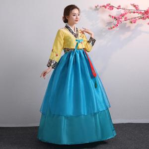 여성용 한복 한국 전통 의상 소수 민족 궁전 공연 궁정 의상 꽃 새해 결혼식 파티 댄스 드레스