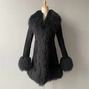 Jaxmonoy 천연 몽골 양털 여성용 리얼 스웨이드 코트 2025 가을 겨울 따뜻한 가죽 재킷 패션 슬림 롱 코트