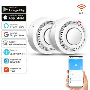 2팩 투야 스마트 WiFi 연기 감지기, 실시간 앱 알림 기능 탑재, 무선 화재 감지 센서 알람, 85dB 사운드, 가정/사무실용