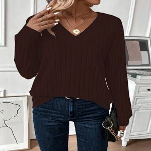 여성용 플러스 사이즈 브이넥 골지 니트 스웨터 부드럽고 따뜻한 소재로 캐주얼 시크한 룩에 이상적