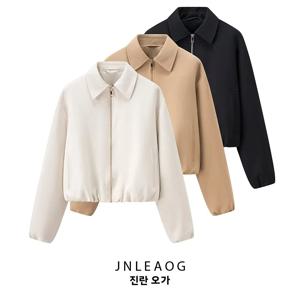 여성을위한 세련된 짧은 지퍼 자켓 가을 새로운 스타일 JNLEAOG 폴리 에스터 원단 슬리밍 효과 긴 소매 플립 칼라