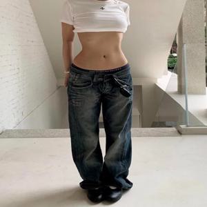 레트로 아메리칸 워싱 디자인 데님 청바지 여성용 로우 웨이스트 캐주얼 루즈 와이드 레그 롱 팬츠 스트릿 스타일 클린핏 하이 웨이스트