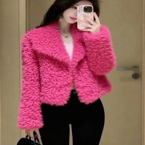 핑크 양털 자켓 여성용 두꺼운 따뜻한 캐주얼 스타일 짧은 코트 한국 패션 따뜻함 가을 겨울 신상품