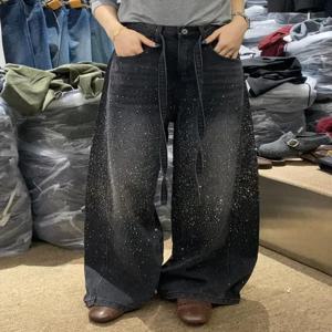 반짝이는 라인스톤 데님 팬츠 여성용 청바지 새로운 와이드 레그 디자인 센세이션 플로어 길이 팬츠 루즈 진