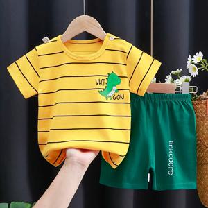 여름 캐주얼 베이비 세트 공룡 스타일 스트라이프 티셔츠 + 반바지 2Pcs 소년 소녀를위한 옷 부드러운 코튼 유아 복장