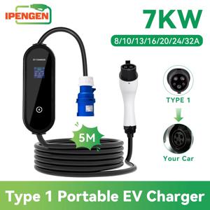 IPENGEN 7KW 휴대용 EV 충전기 Type1 5M 케이블 32A SAE J1772 CEE 플러그 EVSE 전기 자동차용 충전기 조정 가능한 전류