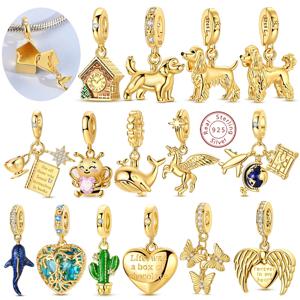 925 스털링 실버 골드 참 비즈 펜던트 고양이 강아지 애완동물 조랑말 고래 참 오리지널 팔찌 여성 DIY 쥬얼리 선물
