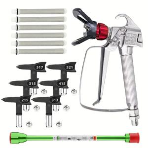 15피스 에어리스 스프레이 건 키트 - 노즐 시트가 포함된 에어리스 스프레이 건, 6개의 스프레이 팁, 1개의 연장봉(7.87인치), 6개의 필터 – 프로용