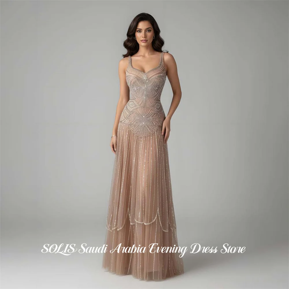 SOLIS 샴페인 댄스 파티 드레스 스파게티 스트랩 갈라 드레스 민소매 사우디 아라비아 글리터 스팽글 이브닝 파티 가운 맞춤형